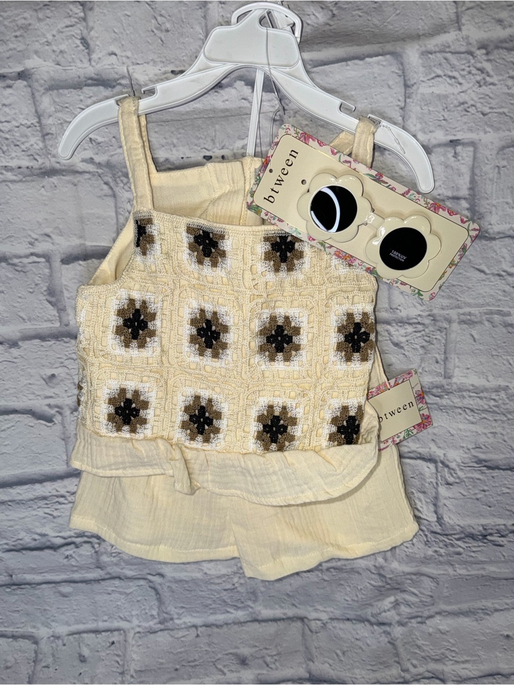 Cream Crochet Tank Top with Brown & Black Floral Accents